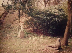 Statues in Nellemanns Have, directly across the street from the cottage. Saeby, April 1995.