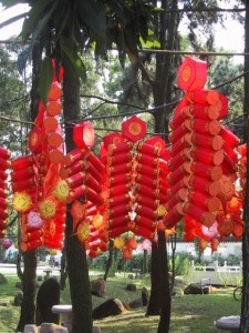 Giant firecracker decorations at the party in the Chinese garden.